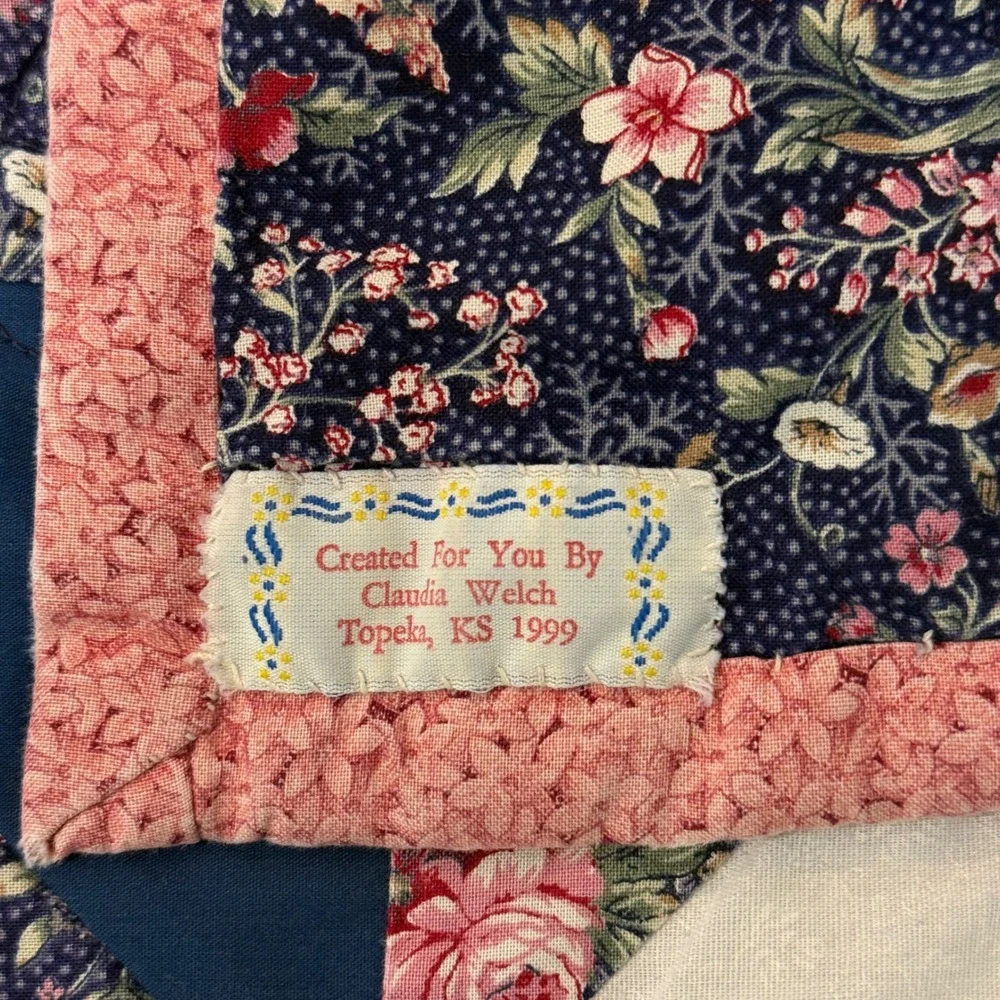 Vintage Handmade Star Patchwork Quilt Navy Pink Floral 100x101 King Queen 1999